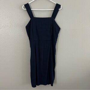 Halston Navy Blue Linen Blend Smocked Back A-Line Sleeveless Dress Size 8
